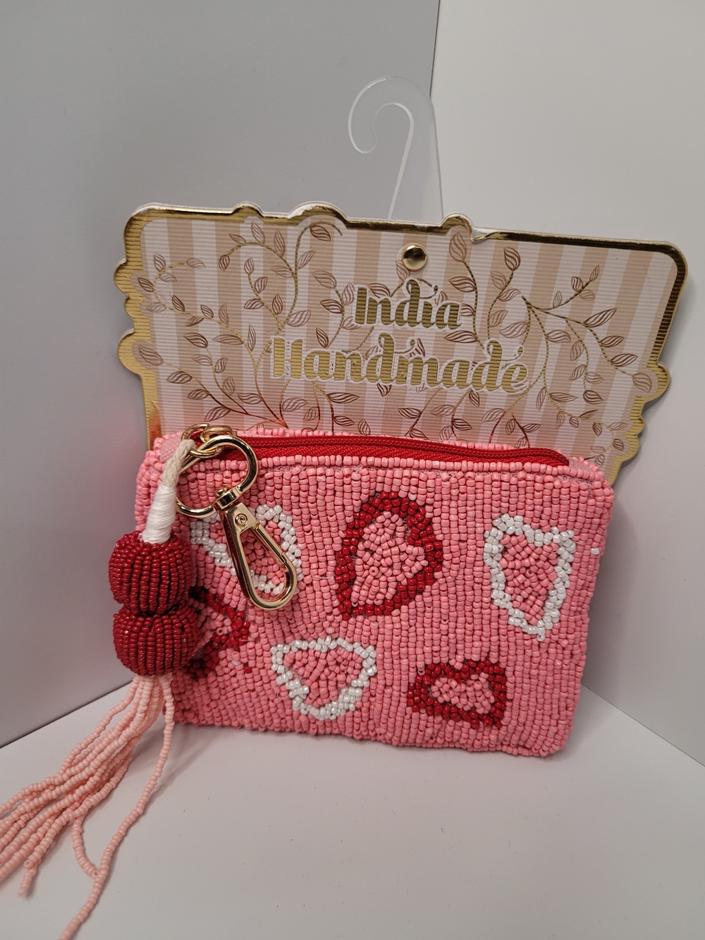 Made In India Handmade Pink Heart Beaded Coin Purse with Tassel